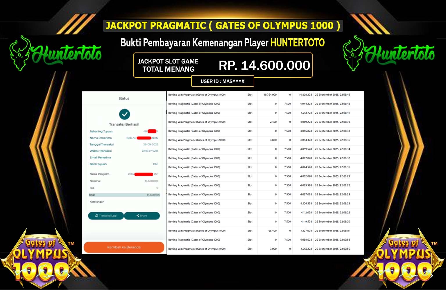 HUNTERTOTO JACKPOT PRAGMATIC (Gates of Olympus 1000) Rp.14.600.000,- LUNAS