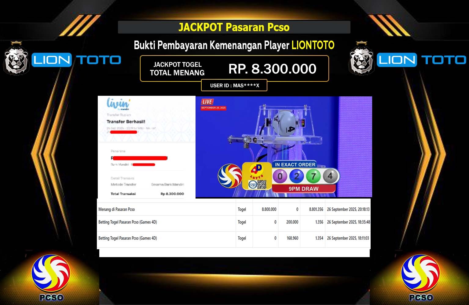 LIONTOTO JACKPOT TOGEL PASARAN PCSO Rp.8.300.000,- LUNAS