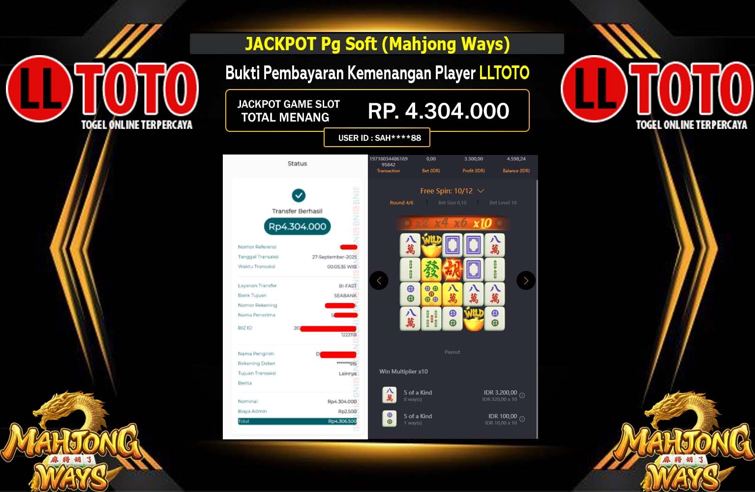 LLTOTO JACKPOT Pg Soft (Mahjong Ways) Rp.4.304.000,- LUNAS