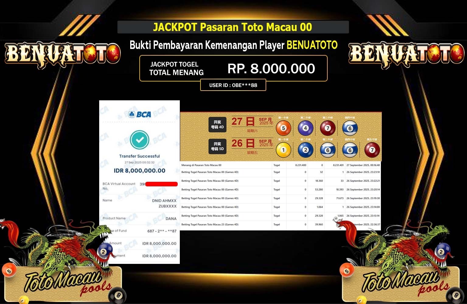BENUATOTO JACKPOT LINE TOGEL (TOTO MACAU 00) Rp.8.000.000,- LUNAS