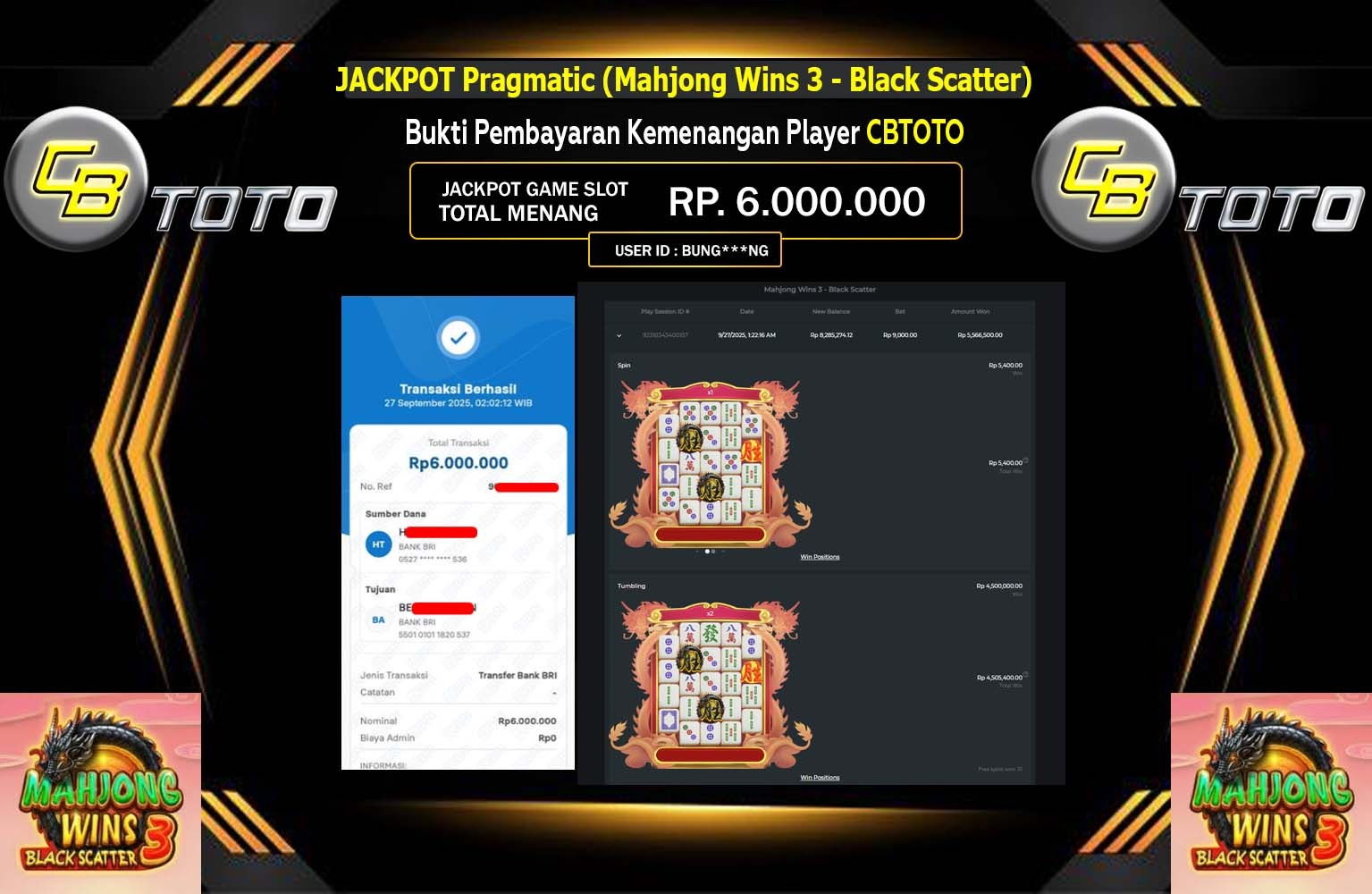 CBTOTO JACKPOT PRAGMATIC (MAHJONG WINS 3 - BLACK SCATTER) Rp.6.000.000,- LUNAS