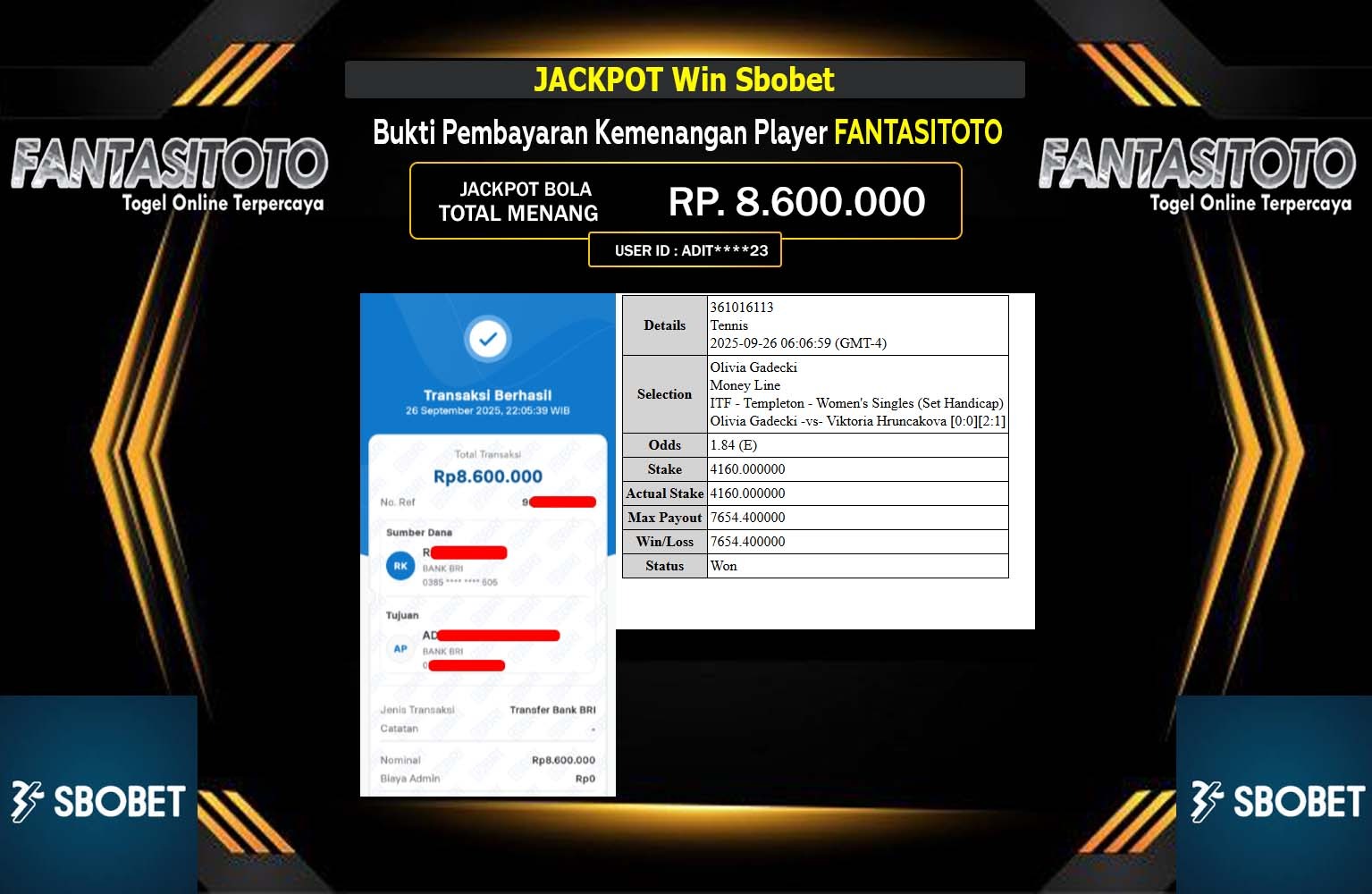 FANTASITOTO JACKPOT SPORTSBOOK (SBO BET) Rp.8.600.000,- LUNAS