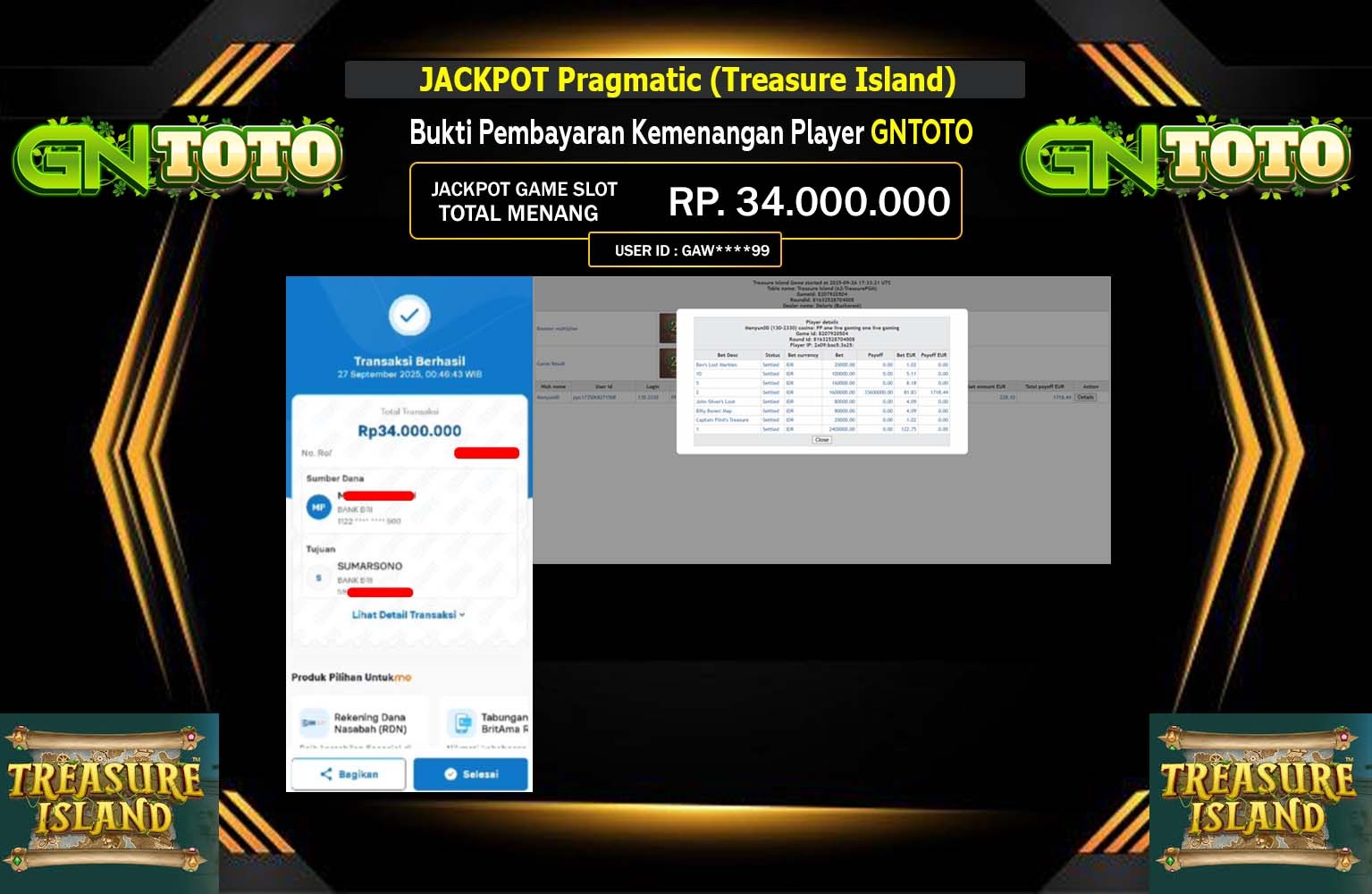 GNTOTO JACKPOT PRAGMATIC (TREASURES ISLAND) Rp.34.000.000,- LUNAS