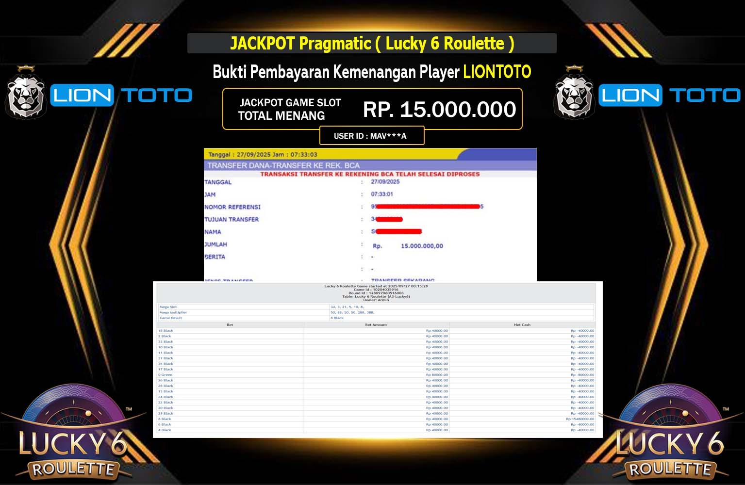 LIONTOTO JACKPOT PRAGMATIC (LUCKY 6 ROULETTE) Rp.15.000.000,- LUNAS