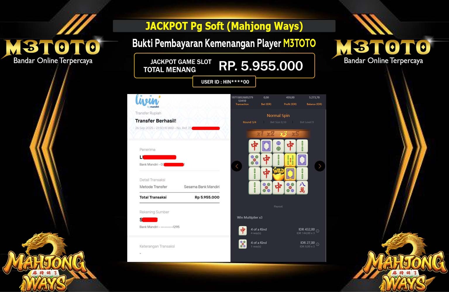 M3TOTO JACKPOT PG SOFT (MAHJONG WAYS) Rp.5.955.000,- LUNAS