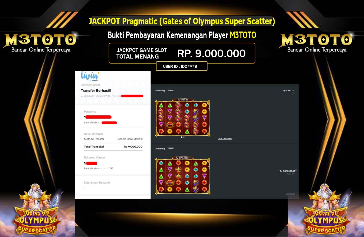 M3TOTO JACKPOT PRAGMATIC (GATES OF OLYMPUS SUPER SCATTER) Rp.9.000.000,- LUNAS