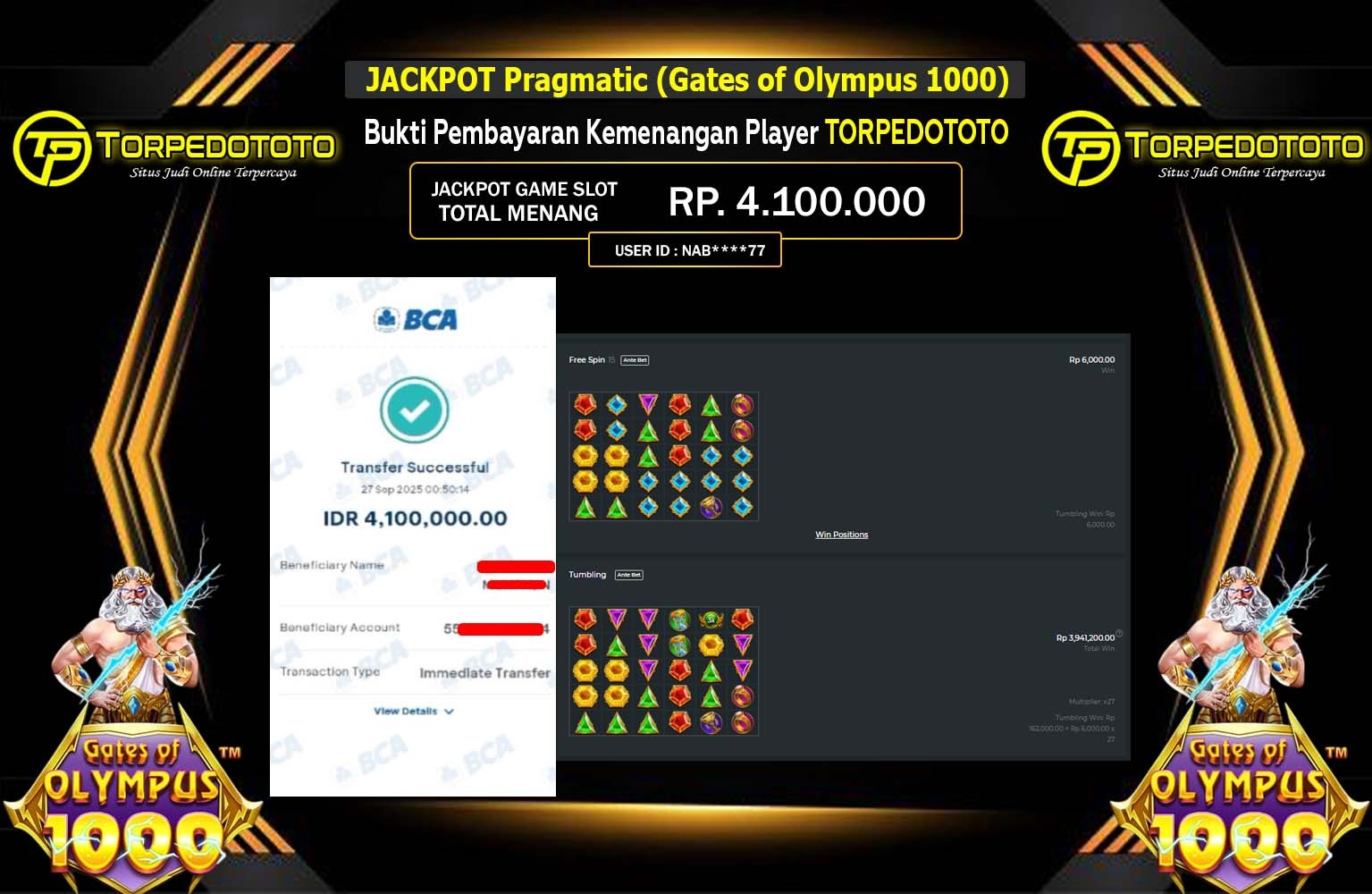 TORPEDOTOTO JACKPOT PRAGMATIC (GATES OF OLYMPUS 1000) Rp.4.100.000,- LUNAS