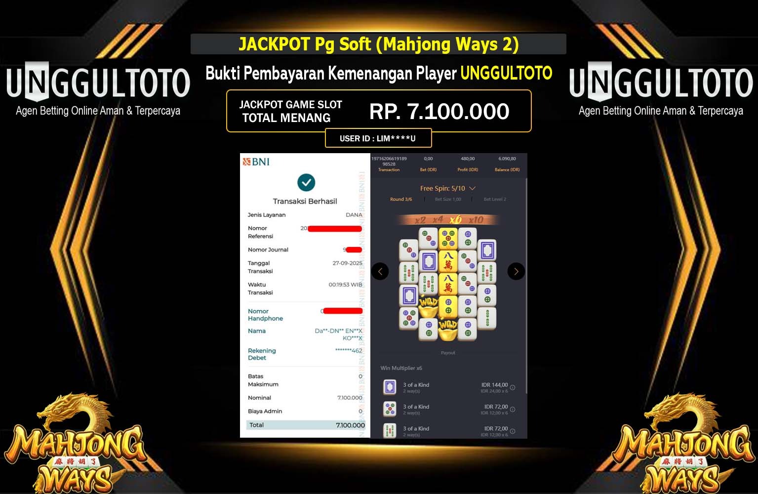 UNGGULTOTO JACKPOT PG SOFT (MAHJONG WAYS) Rp.7.100.000,- LUNAS