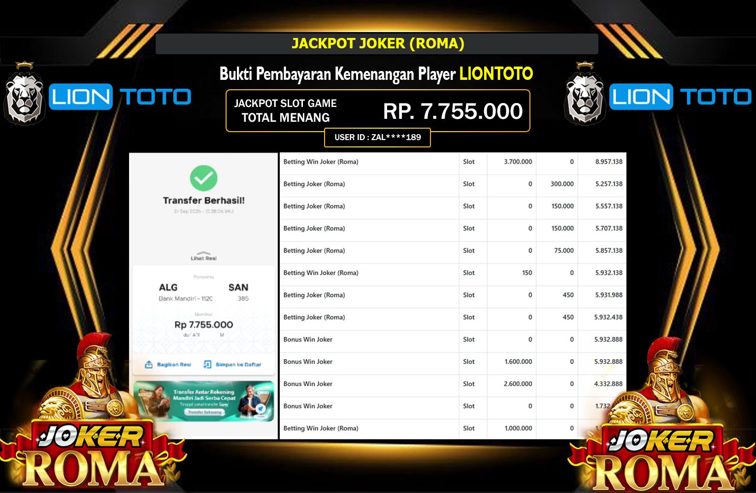 LIONTOTO JACKPOT JOKER (ROMA) Rp.7.755.000,- LUNAS