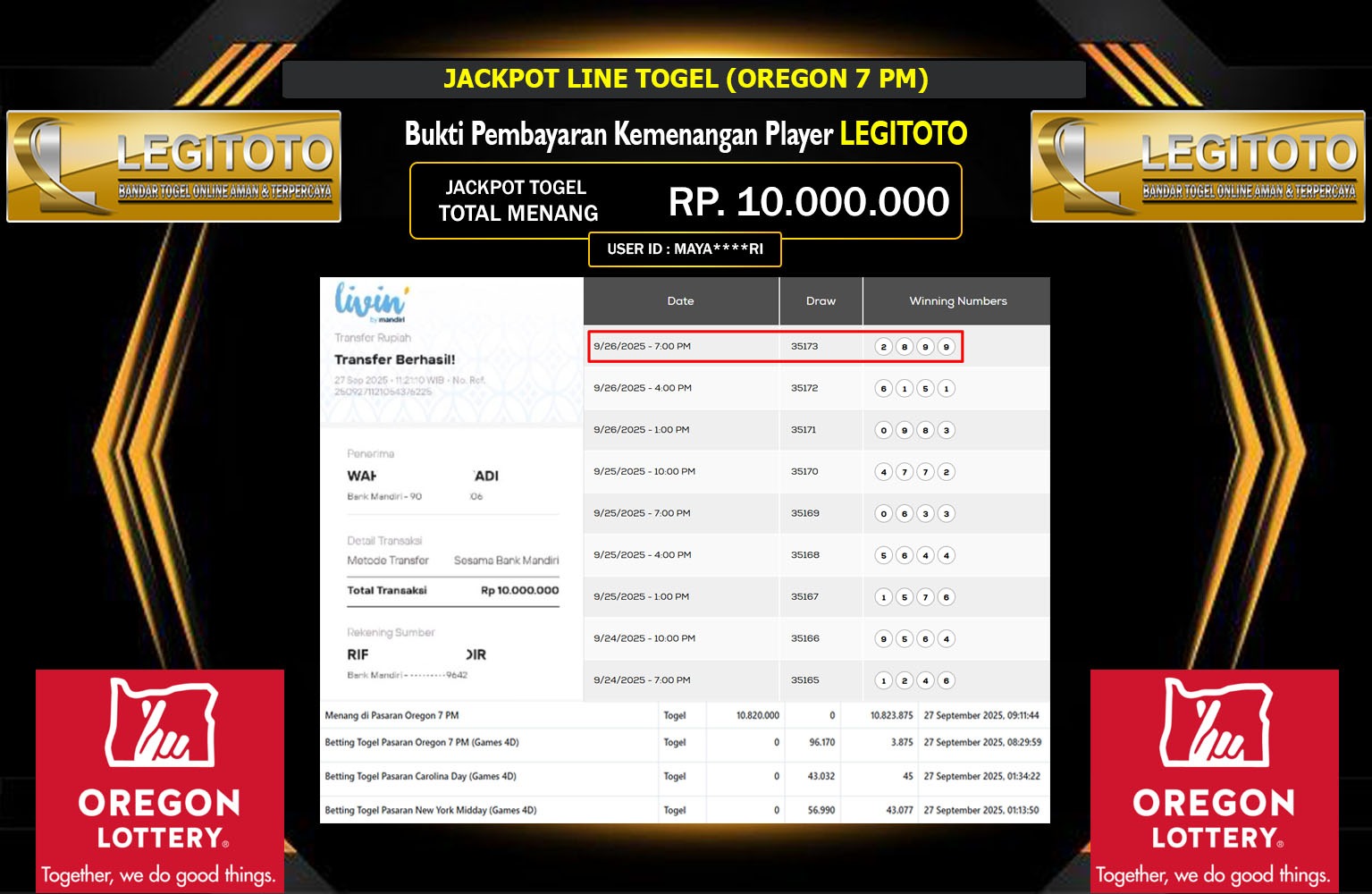 LEGITOTO JACKPOT LINE TOGEL (OREGON 7 PM) Rp.10.000.000,- LUNAS