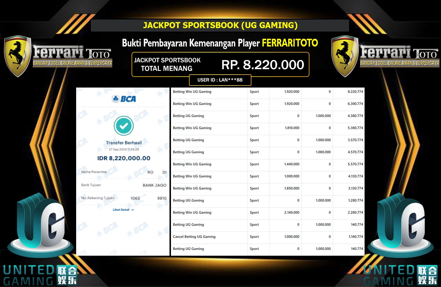 FERRARITOTO JACKPOT SPORTSBOOK (UG GAMING) Rp.8.220.000,- LUNAS