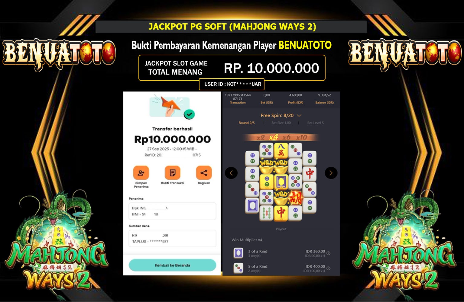 BENUATOTO JACKPOT PG SOFT (MAHJONG WAYS 2) Rp.10.000.000,- LUNAS