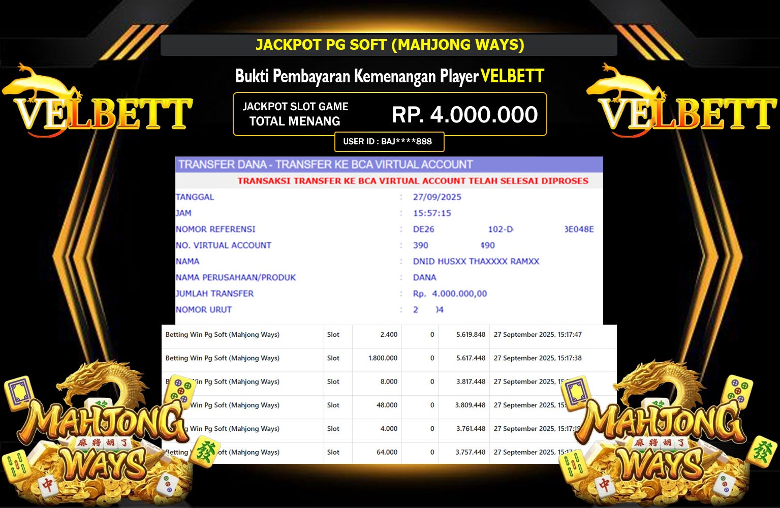VELBETT JACKPOT PG SOFT (MAHJONG WAYS) Rp.4.000.000,- LUNAS
