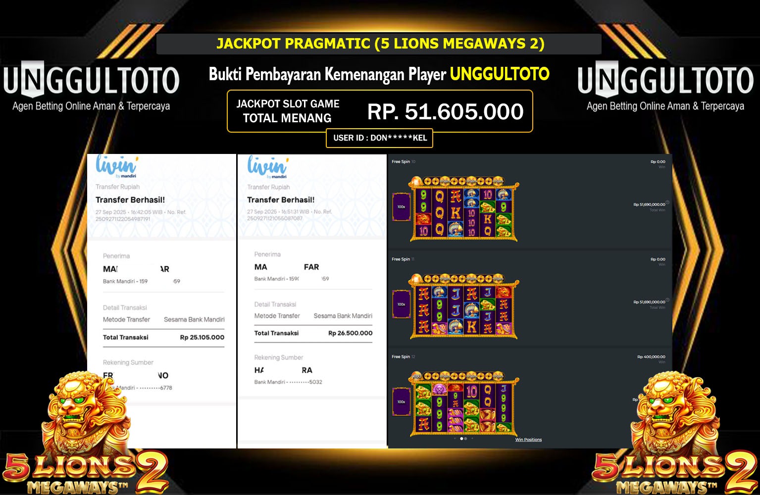 UNGGULTOTO JACKPOT PRAGMATIC (5 LIONS MEGAWAYS 2) Rp.51.605.000,- LUNAS