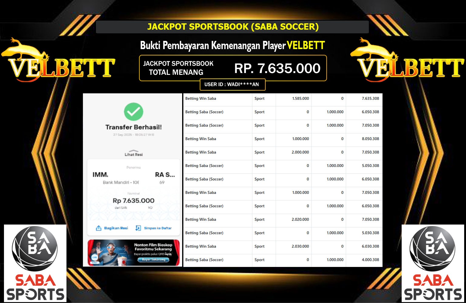 VELBETT JACKPOT SPORTSBOOK (SABA SOCCER) Rp.7.635.000,- LUNAS