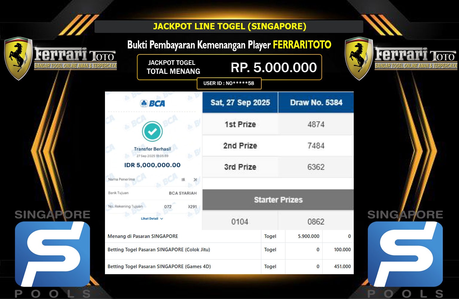 FERRARITOTO JACKPOT LINE TOGEL (SINGAPORE) Rp.5.000.000,- LUNAS