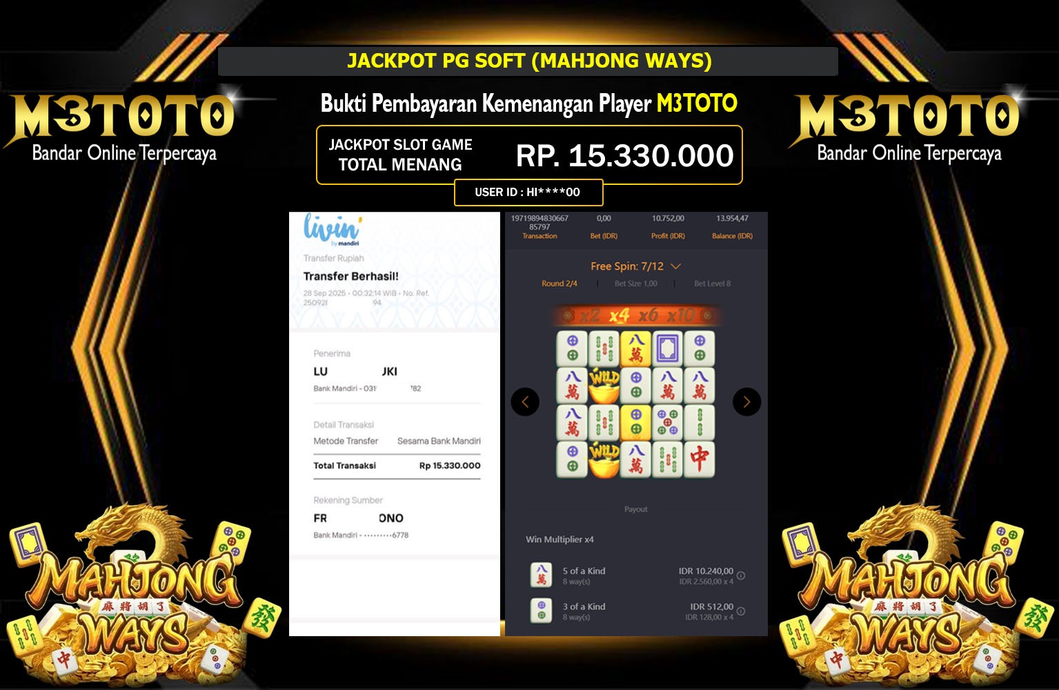 M3TOTO JACKPOT PG SOFT (MAHJONG WAYS) Rp.15.330.000,- LUNAS