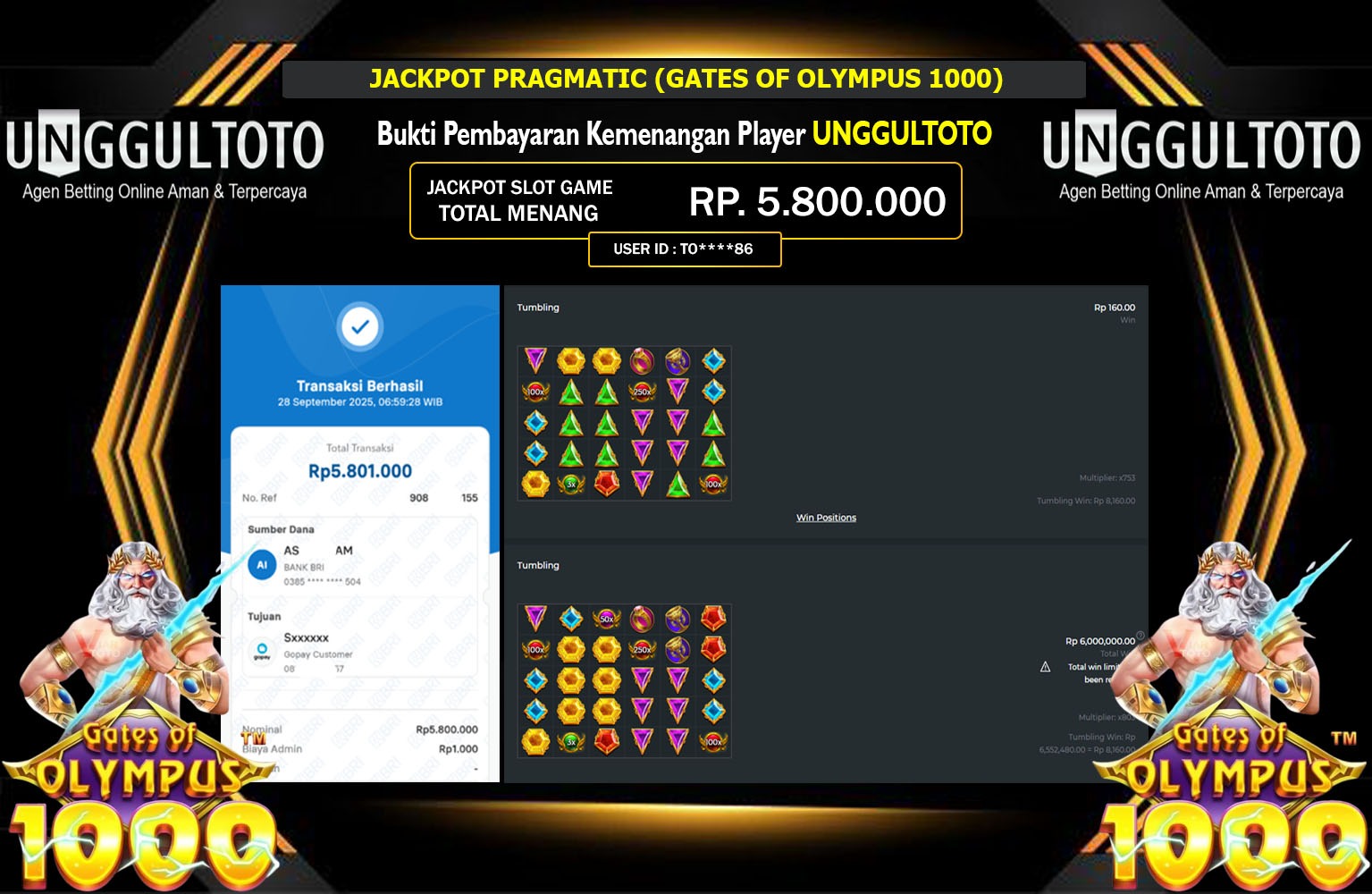 UNGGULTOTO JACKPOT PRAGMATIC (GATES OF OLYMPUS 1000) Rp.5.800.000,- LUNAS