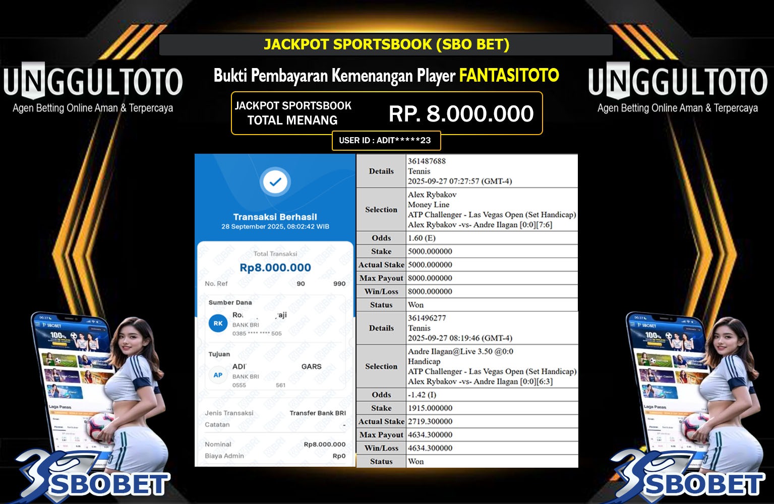 UNGGULTOTO JACKPOT SPORTSBOOK (SBO BET) Rp.8.000.000,- LUNAS