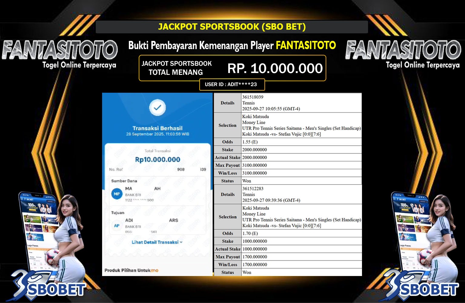 FANTASITOTO JACKPOT SPORTSBOOK (SBO BET) Rp.10.000.000,- LUNAS