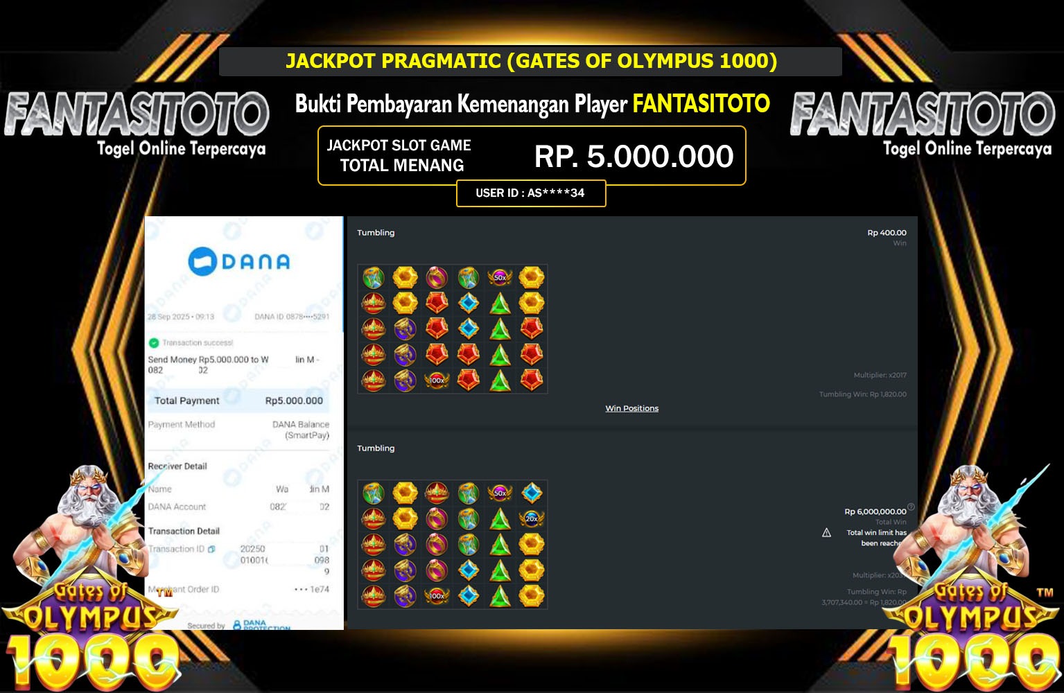 FANTASITOTO JACKPOT PRAGMATIC (GATES OF OLYMPUS 1000) Rp.5.000.000,- LUNAS