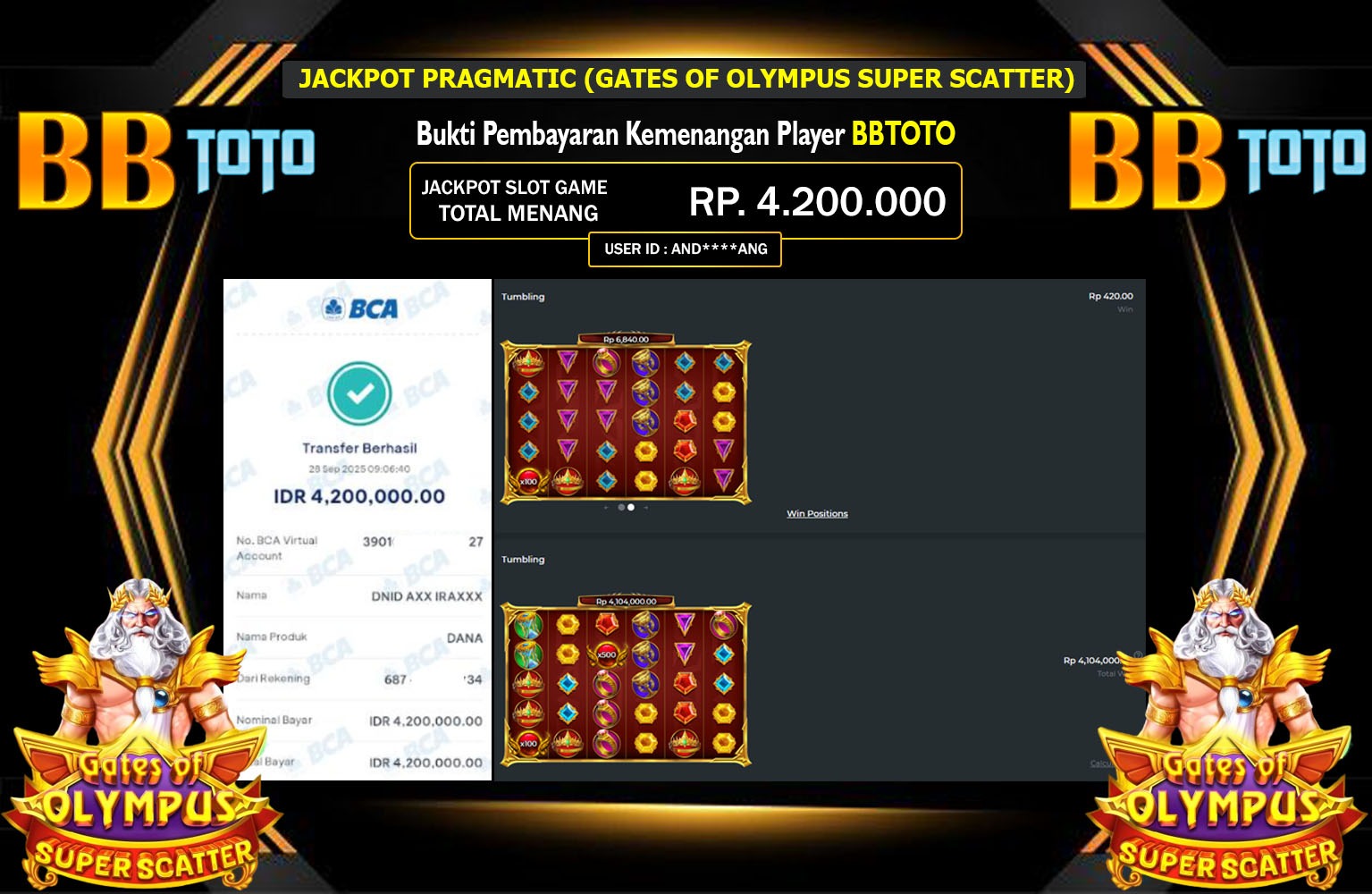 BBTOTO JACKPOT PRAGMATIC (GATES OF OLYMPUS SUPER SCATTER) Rp.4.200.000,- LUNAS