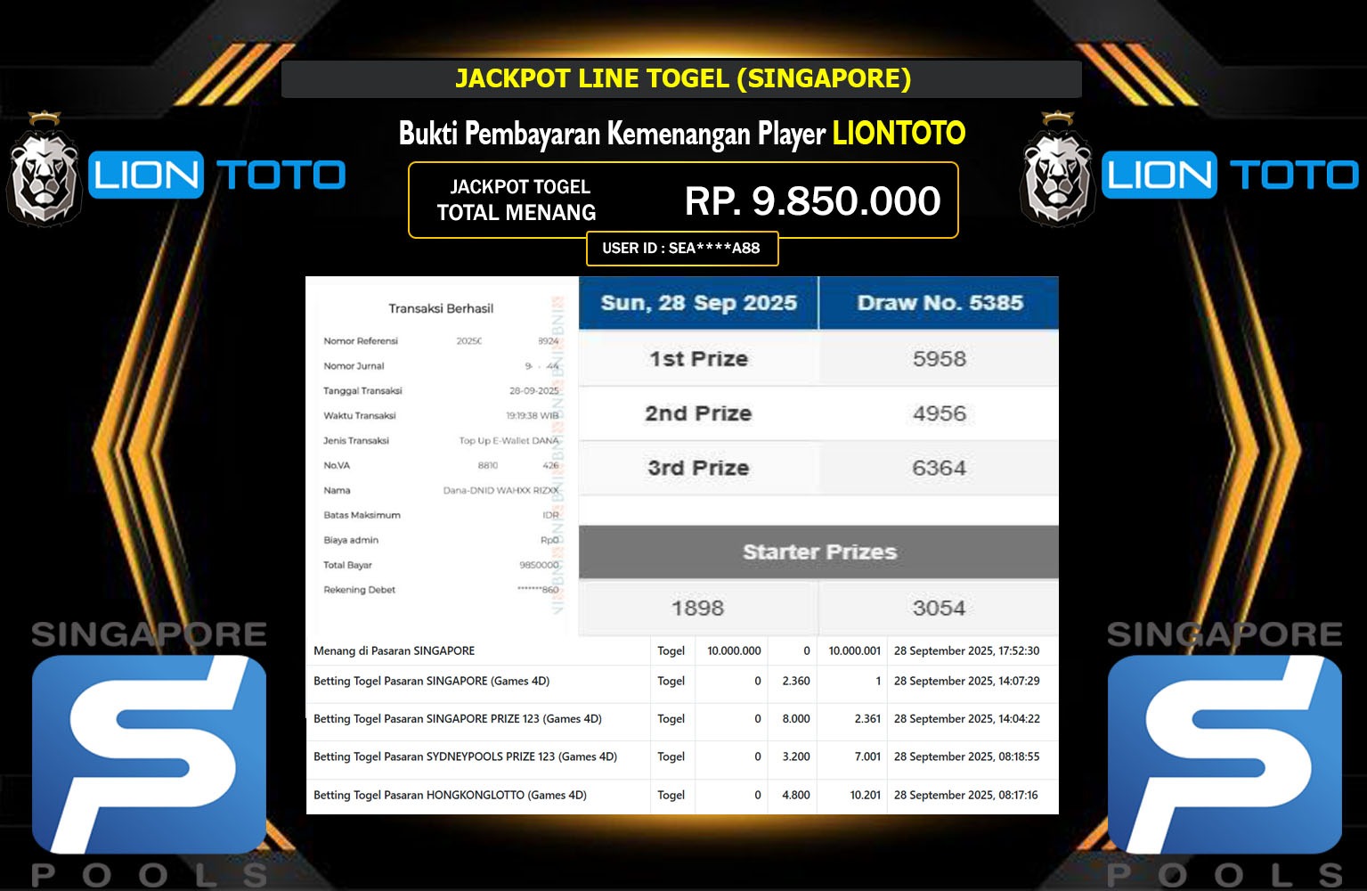 LIONTOTO JACKPOT LINE TOGEL (SINGAPORE) Rp.9.850.000,- LUNAS