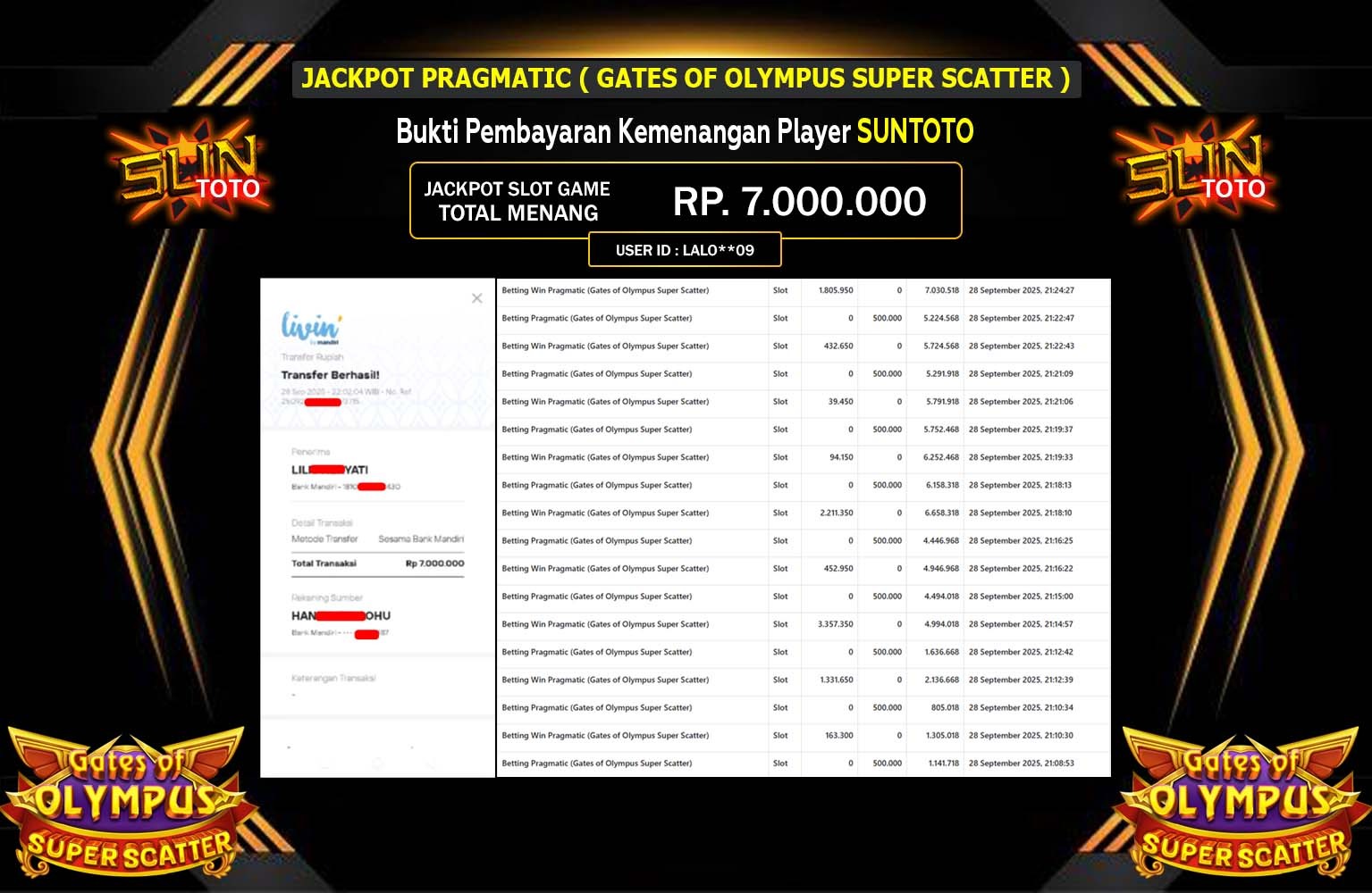SUNTOTO JACKPOT PRAGMATIC (Gates of Olympus Super Scatter) Rp.7.000.000,- LUNAS