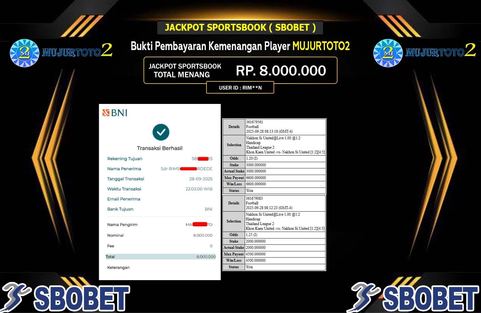 MUJURTOTO2 JACKPOT SPORTSBOOK (SBOBET) Rp.8.000.000,- LUNAS