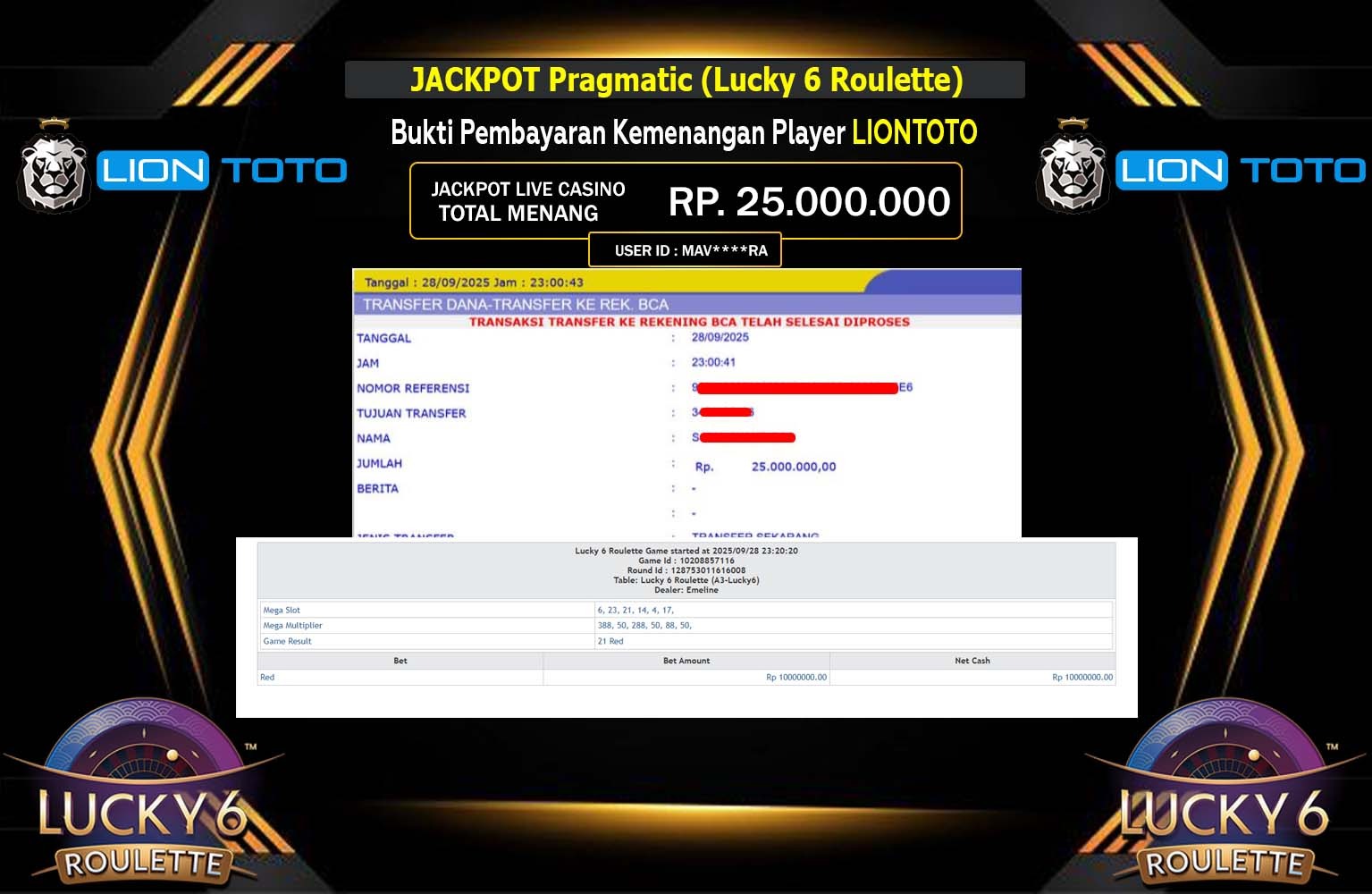 LIONTOTO JACKPOT PRAGMATIC (LUCKY 6 ROULETTE) Rp.25.000.000,- LUNAS