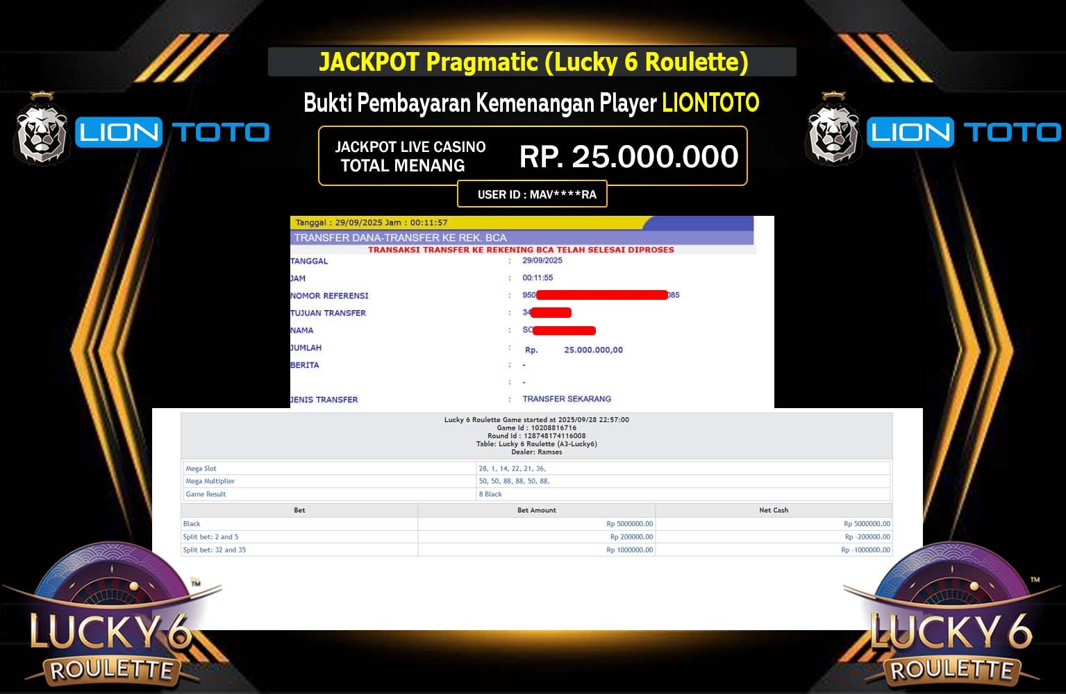 LIONTOTO JACKPOT PRAGMATIC (LUCKY 6 ROULETTE) Rp.25.000.000,- LUNAS