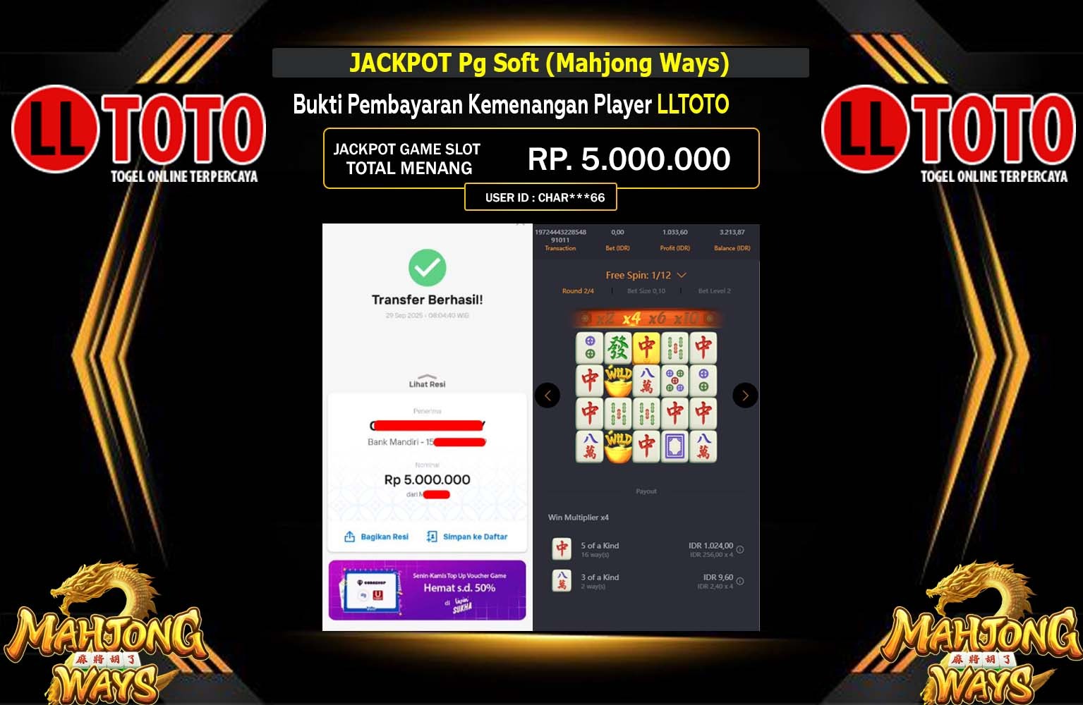 LLTOTO JACKPOT PG SOFT (MAHJONG WAYS) Rp.5.000.000,- LUNAS