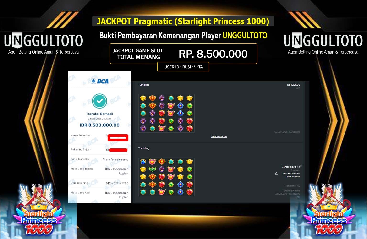 UNGGULTOTO JACKPOT PRAGMATIC (STARLIGHT PRINCESS 1000) Rp.8.500.0000,- LUNAS