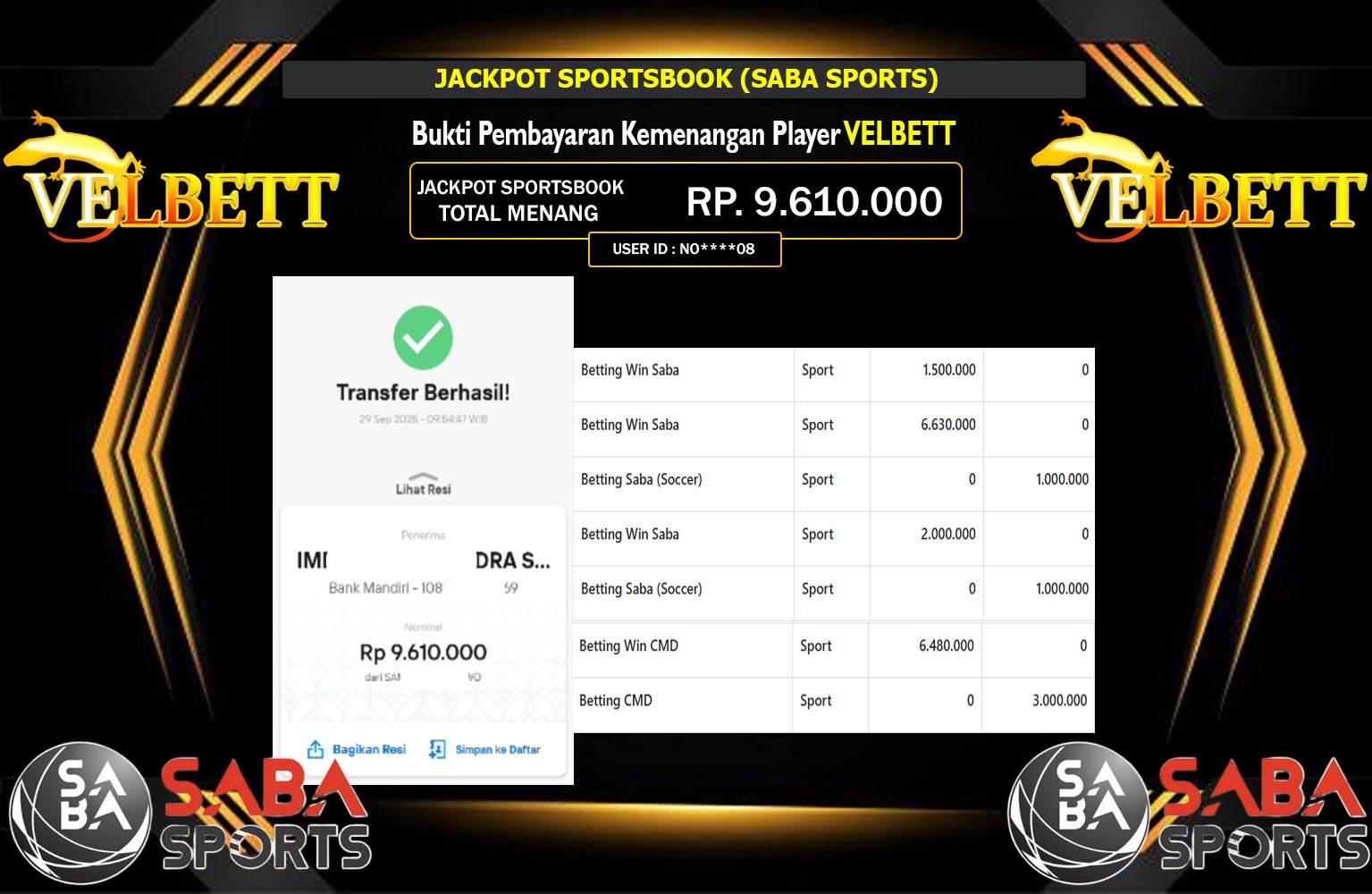 VELBETT JACKPOT SPORTSBOOK (SABA SPORT) Rp.9.610.000,- LUNAS