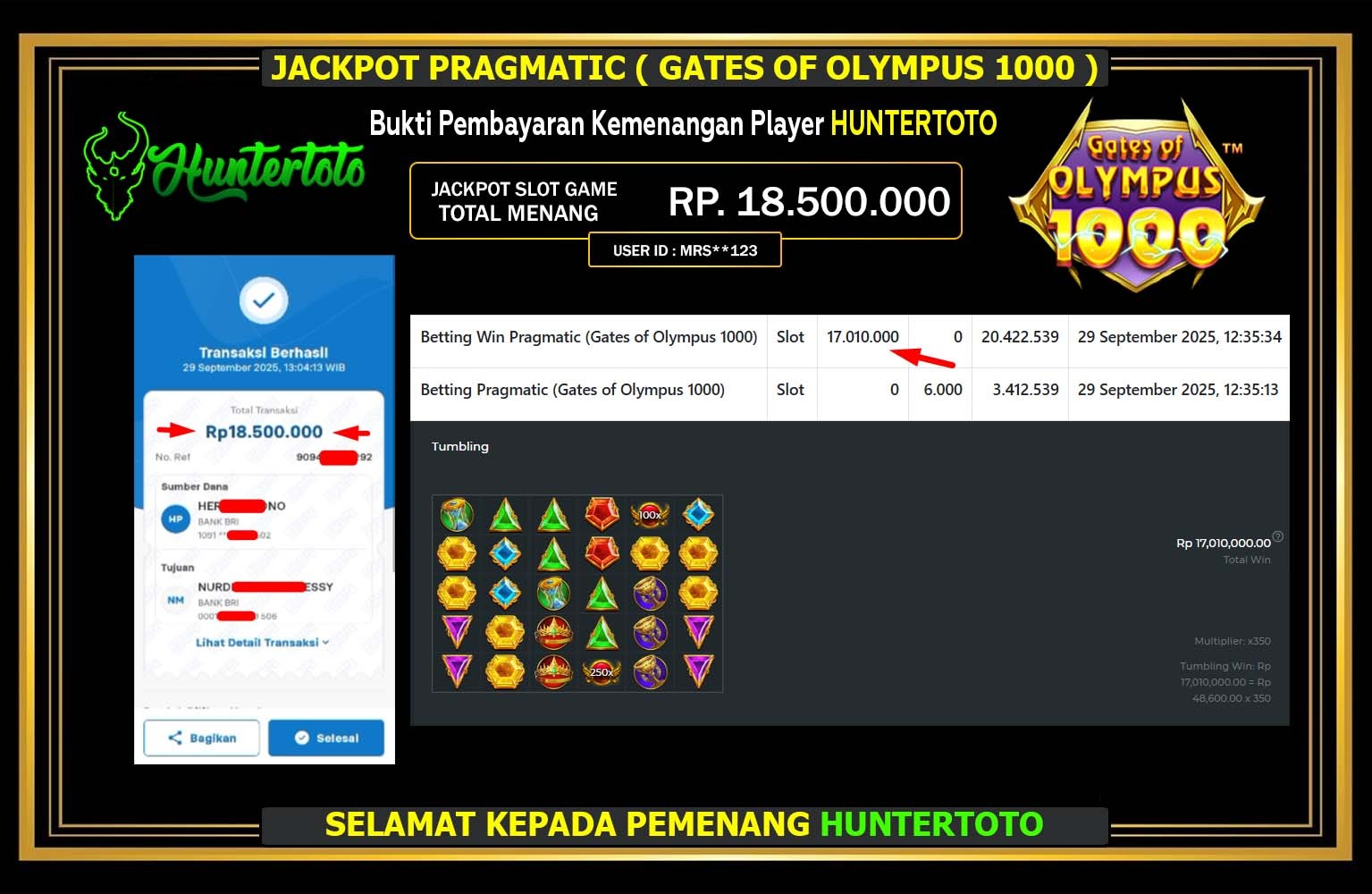 HUNTERTOTO JACKPOT PRAGMATIC (GATES OF OLYMPUS 1000) Rp.18.500.000,- LUNAS