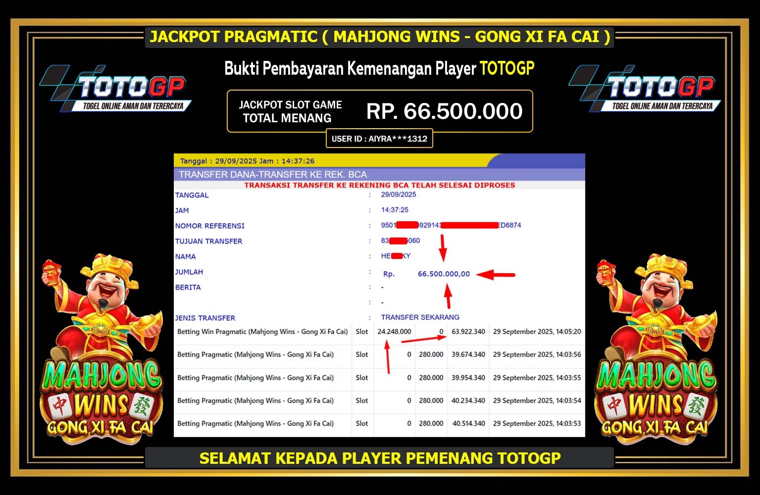TOTOGP JACKPOT PRAGMATIC (MAHJONG WINS - GONG XI FA CAI) Rp.66.500.000,- LUNAS