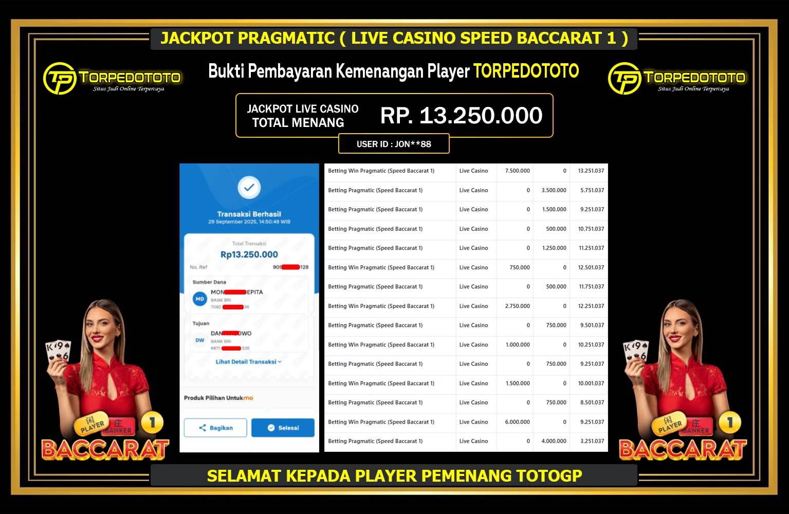 TORPEDOTOTO JACKPOT PRAGMATIC (SPEED BACCARAT 1) Rp.13.250.000,- LUNAS