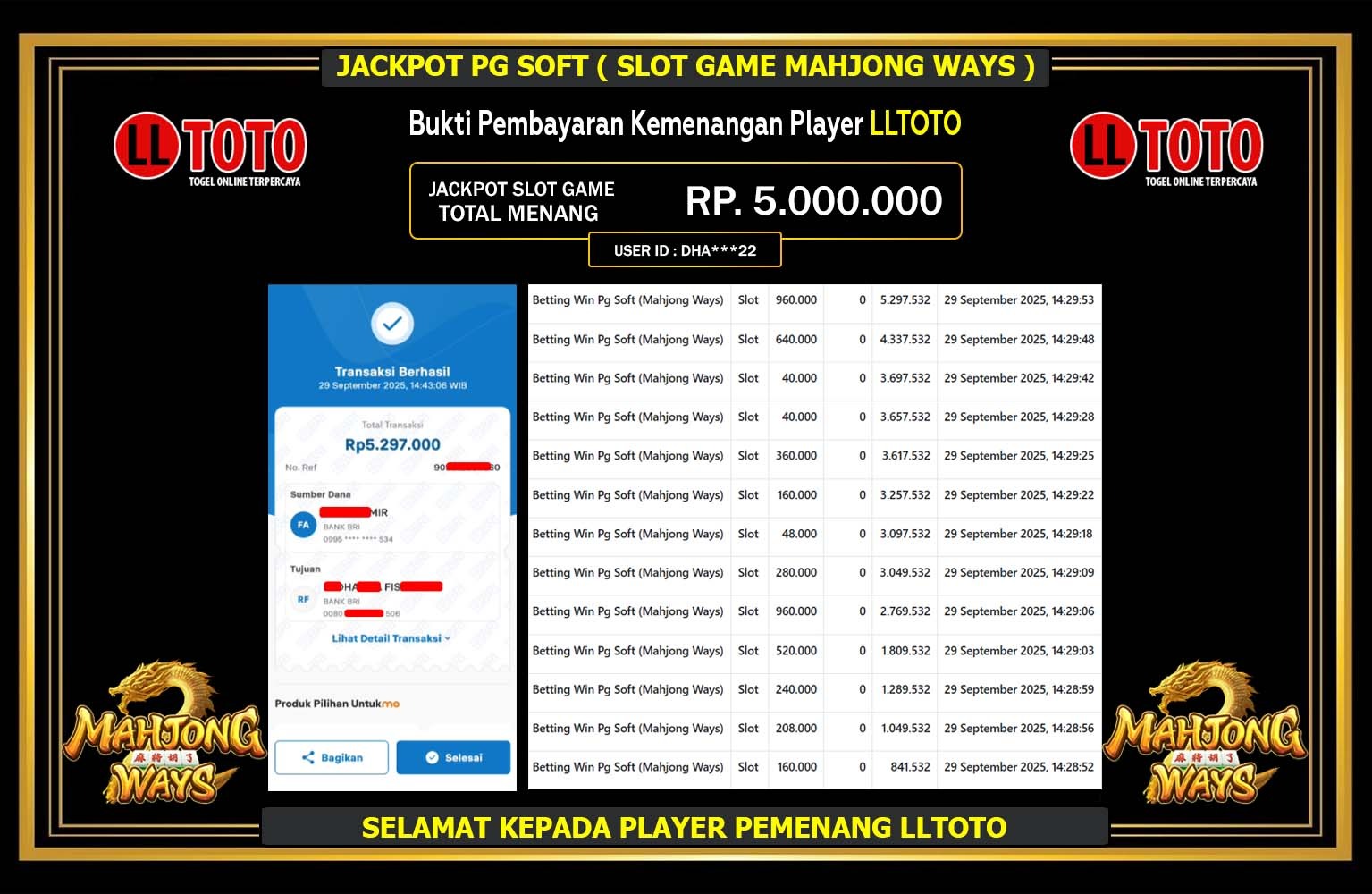LLTOTO JACKPOT PG SOFT (MAHJONG WAYS) Rp.5.000.000,- LUNAS