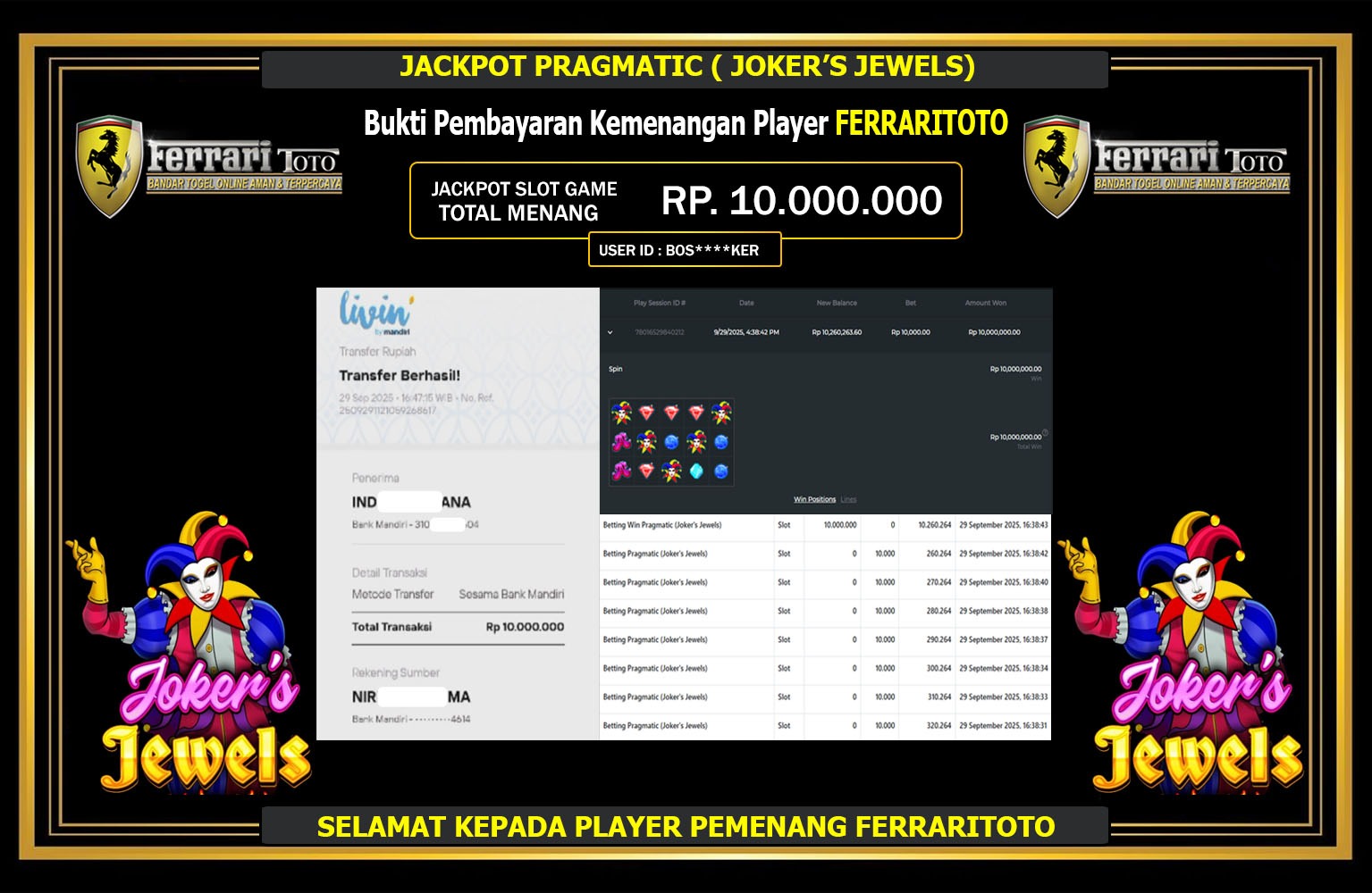 FERRARITOTO JACKPOT PRAGMATIC (JOKER'S JEWELS) Rp.10.000.000,- LUNAS
