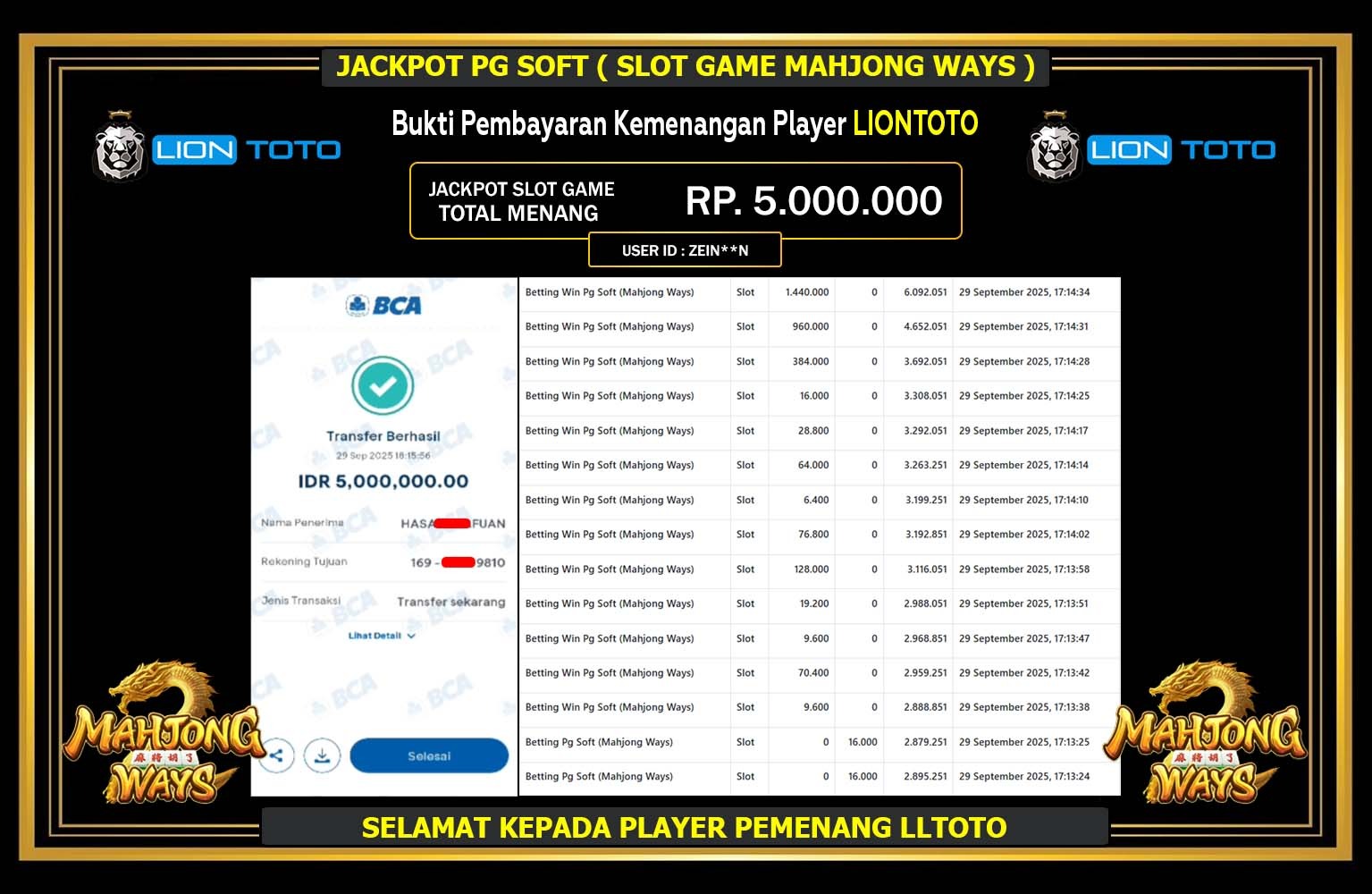 LIONTOTO JACKPOT PG SOFT (MAHJONG WAYS) Rp.5.000.000,- LUNAS