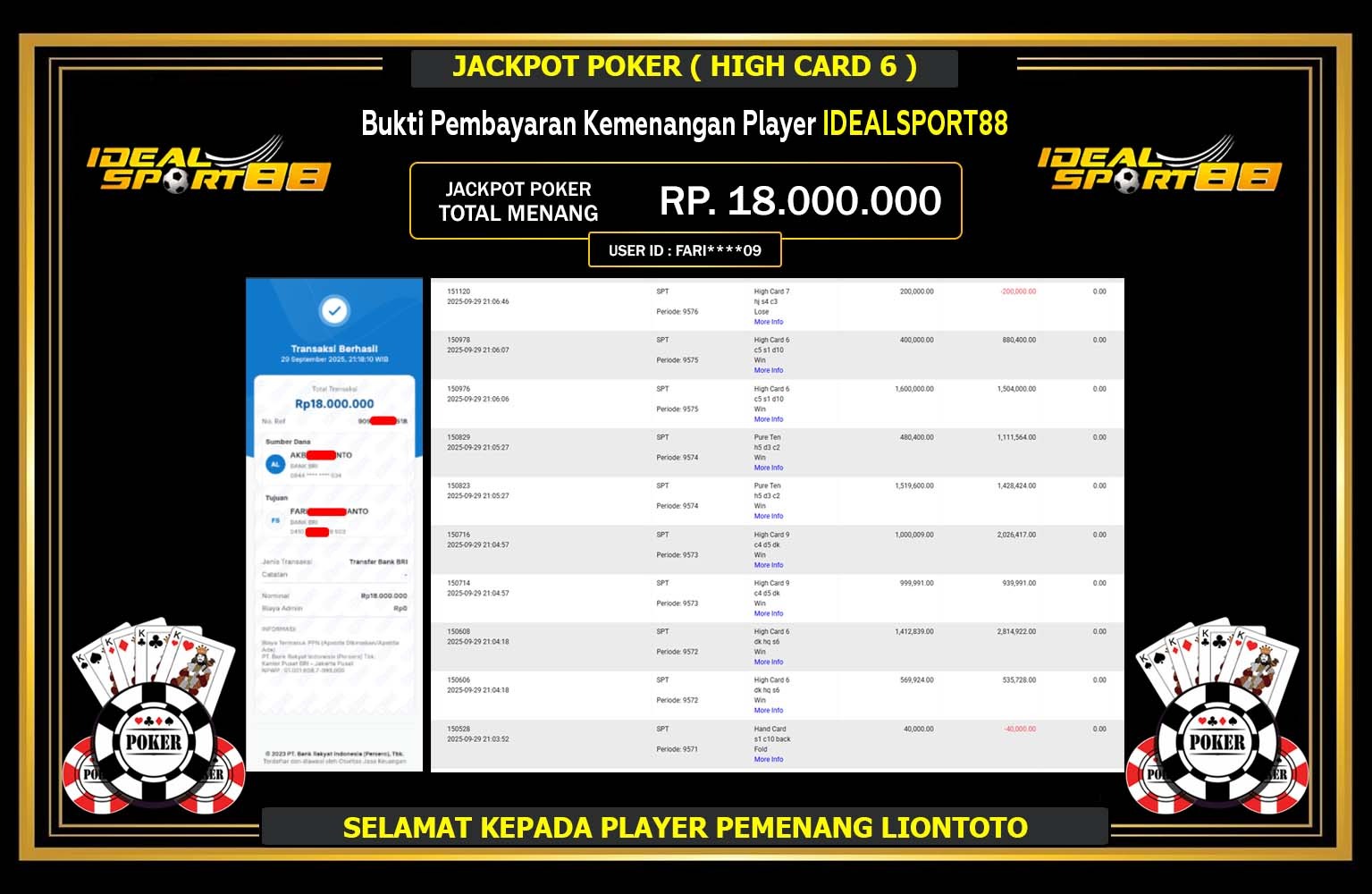 IDEALSPORT88 JACKPOT GAME POKER (HIGH CARD 6) Rp.18.000.000,- LUNAS