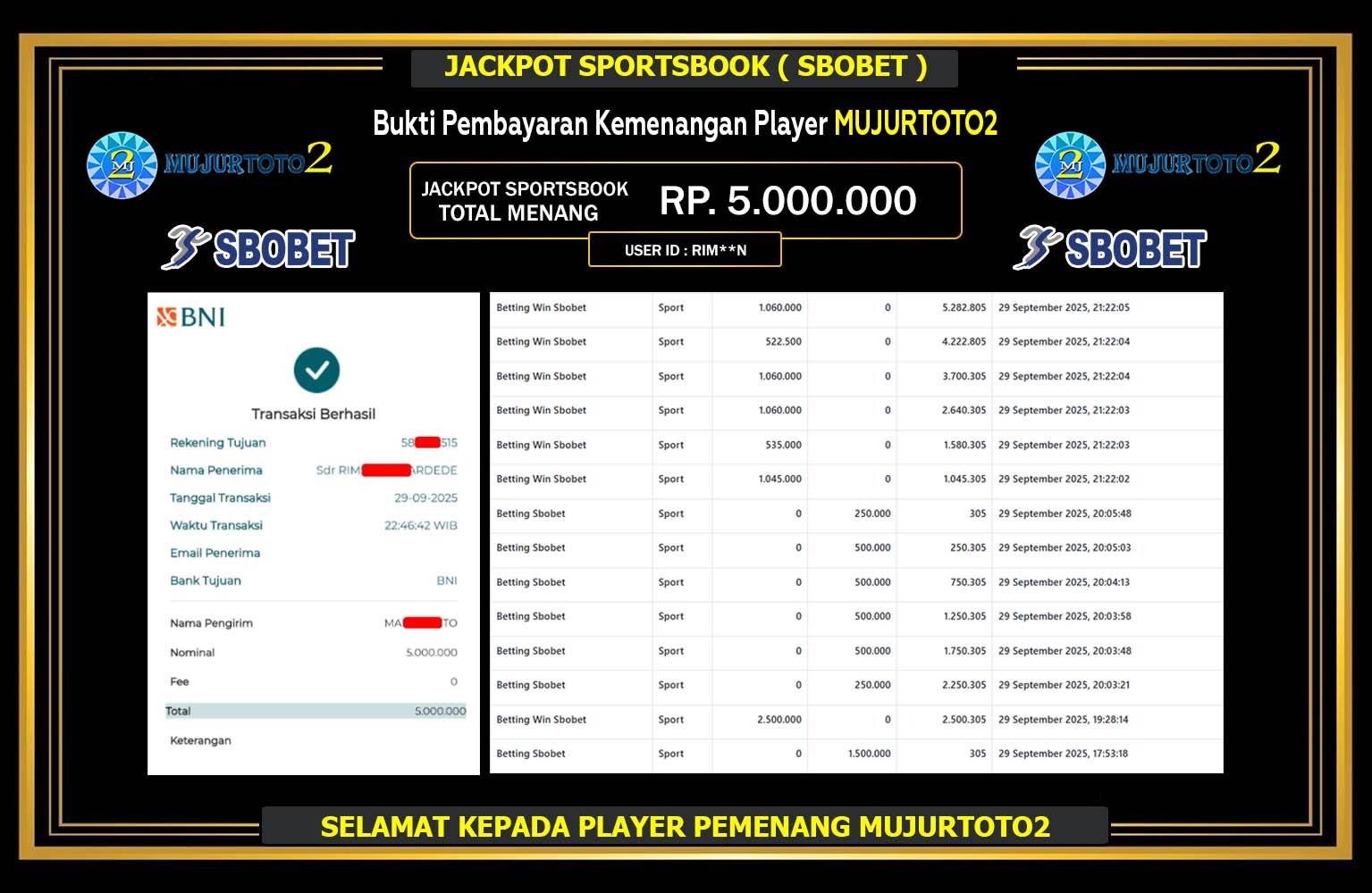 MUJURTOTO2 JACKPOT SPORTSBOOK (SBOBET) Rp.5.000.000,- LUNAS
