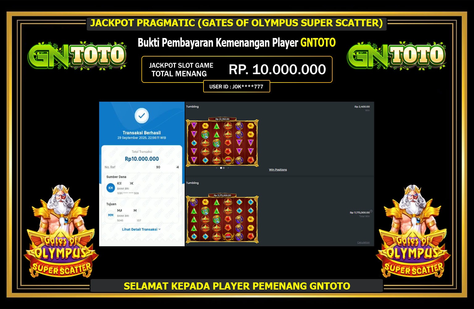 GNTOTO JACKPOT PRAGMATIC (GATES OF OLYMPUS SUPER SCATTER) Rp.10.000.000,- LUNAS