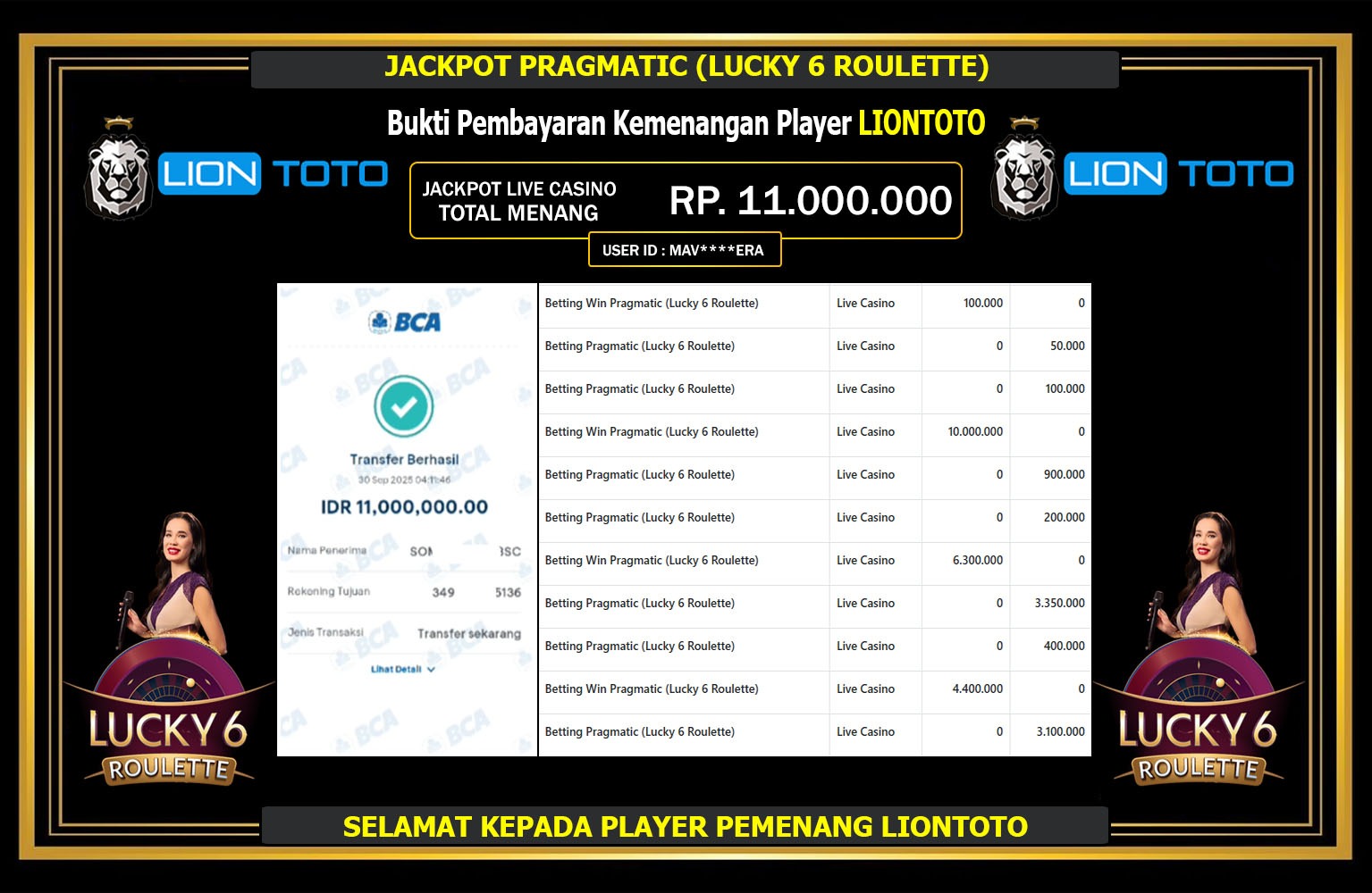 LIONTOTO JACKPOT PRAGMATIC (LUCKY 6 ROULETTE) Rp.11.000.000,- LUNAS