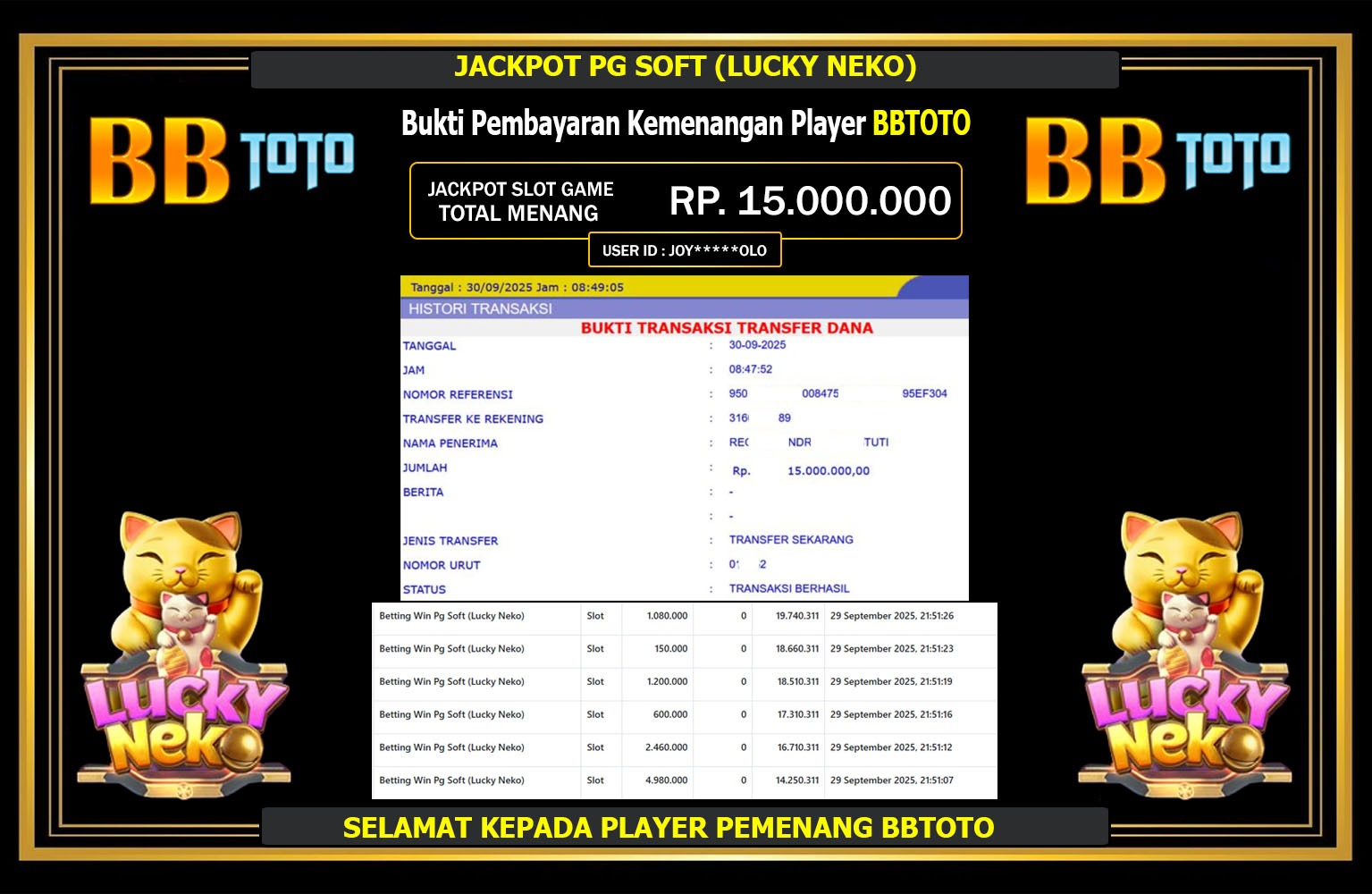 BBTOTO JACKPOT PG SOFT (LUCKY NEKO) Rp.15.000.000,- LUNAS
