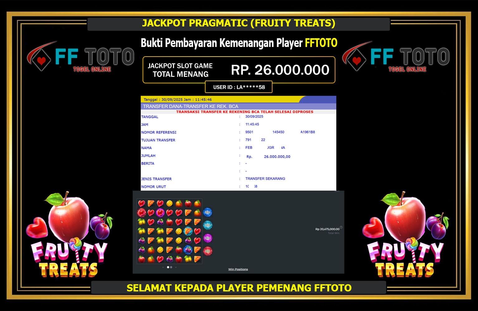 FFTOTO JACKPOT PRAGMATIC (FRUITY TREATS) Rp.26.000.000,- LUNAS