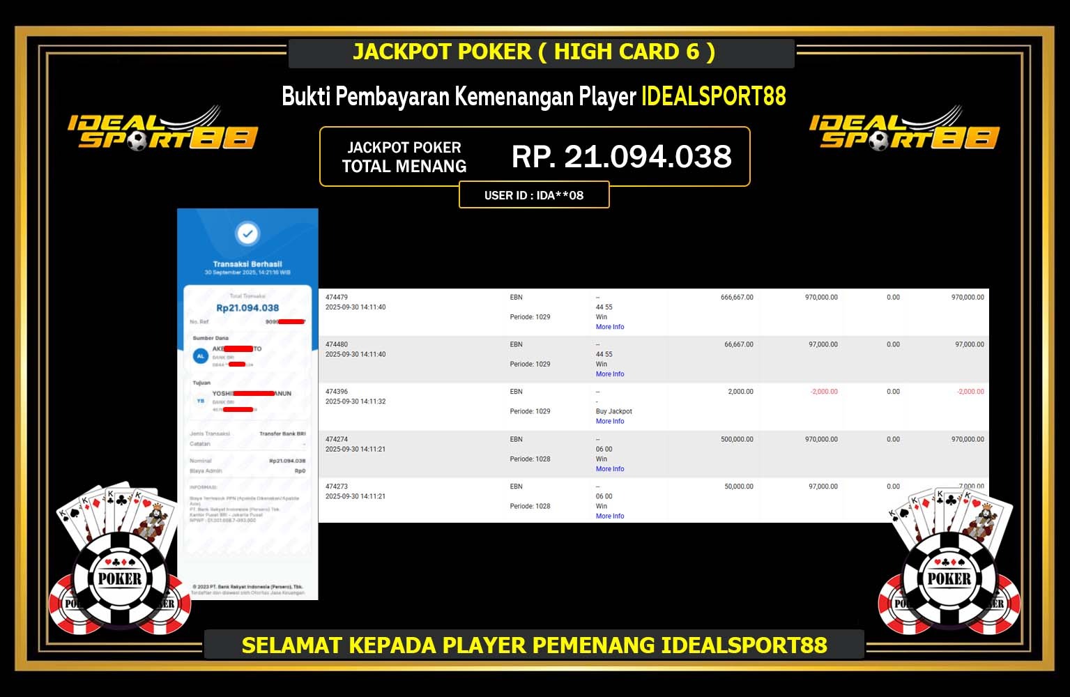 IDEALSPORT88 JACKPOT GAME POKER (HIGH CARD 6) Rp.21.094.038,- LUNAS