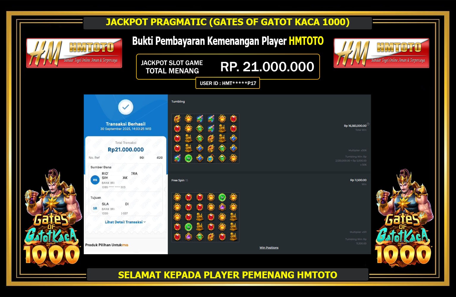 HMTOTO JACKPOT PRAGMATIC (GATES OF GATOT KACA 1000) Rp.21.000.000,- LUNAS