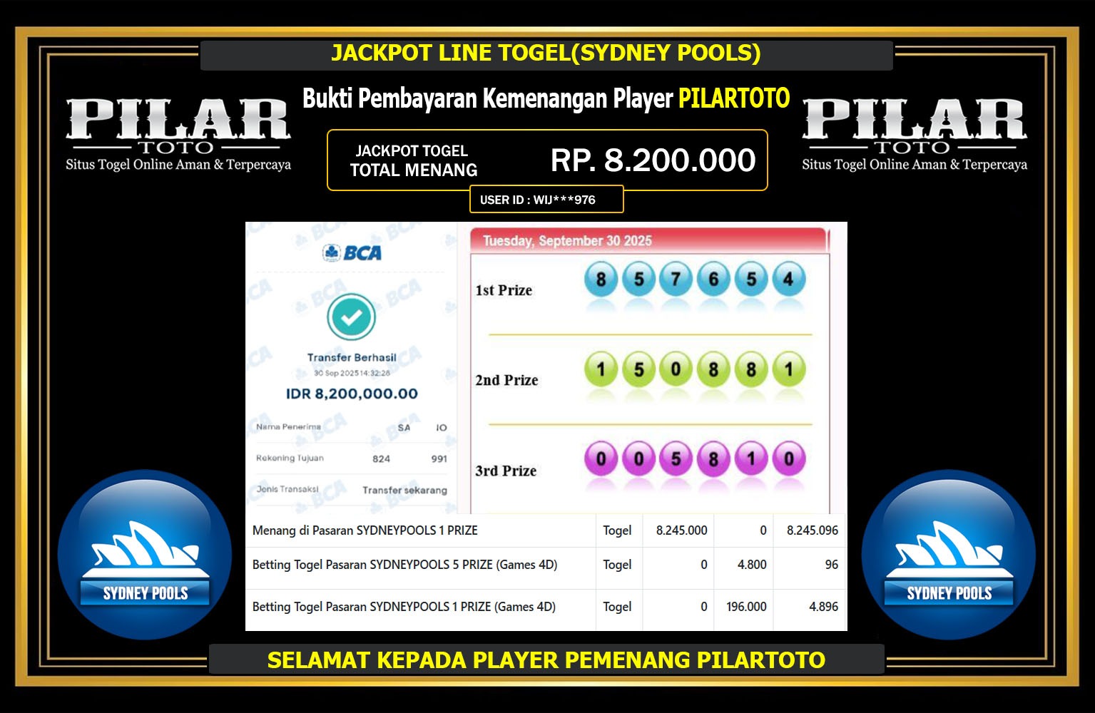 PILARTOTO JACKPOT LINE TOGEL (SYDNEY POOLS) Rp.8.200.000,- LUNAS