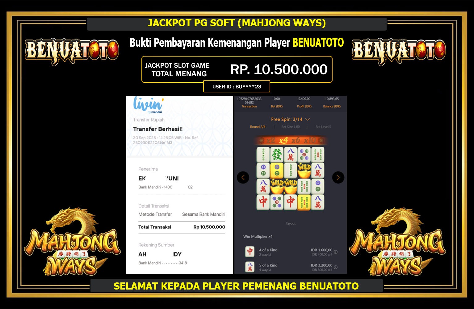 BENUATOTO JACKPOT PG SOFT (MAHJONG WAYS) Rp.10.500.000,- LUNAS